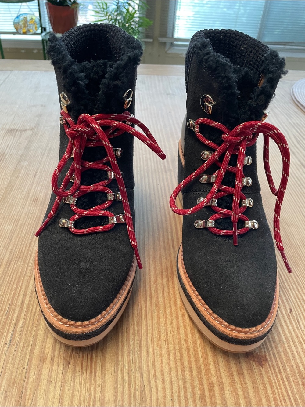 Kate Spade Women's Suede Sherpa Lace-Up Winter Boots with Red Laces
